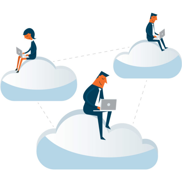 Animated image of people sitting on clouds working on their laptops.