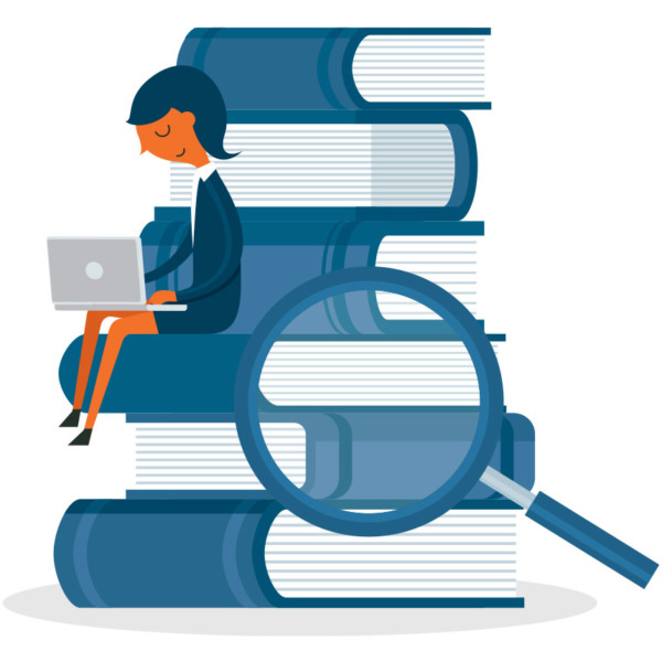 Animated image of someone sitting on a pile of books with a magnifying glass examining the books.