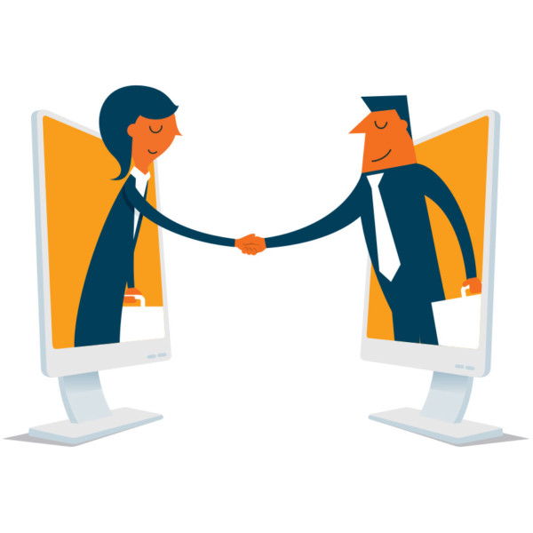 Animated image of two people shaking hands through computers.