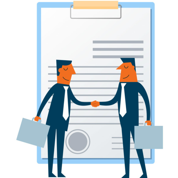 Animated image of 2 people shaking hands in front of a clipboard