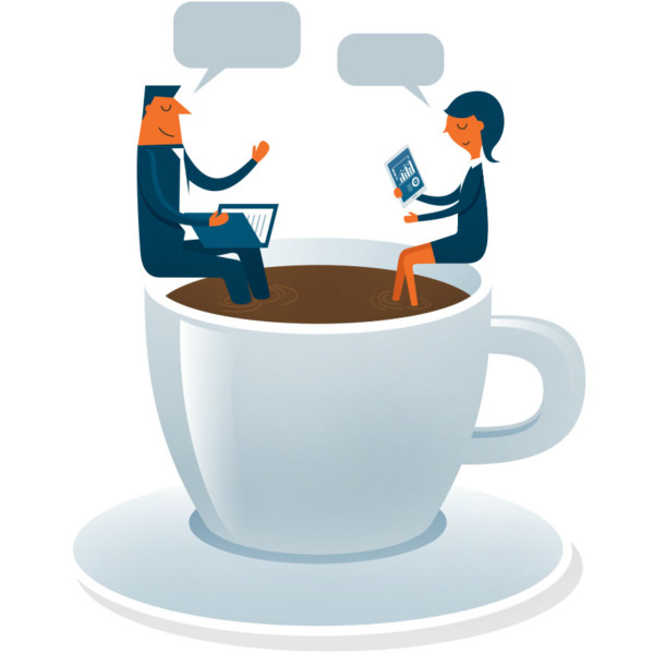 Image of two people having a conversation, while sitting in a giant cup of coffee.