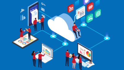Animated image of multiple people and devices connected to the cloud