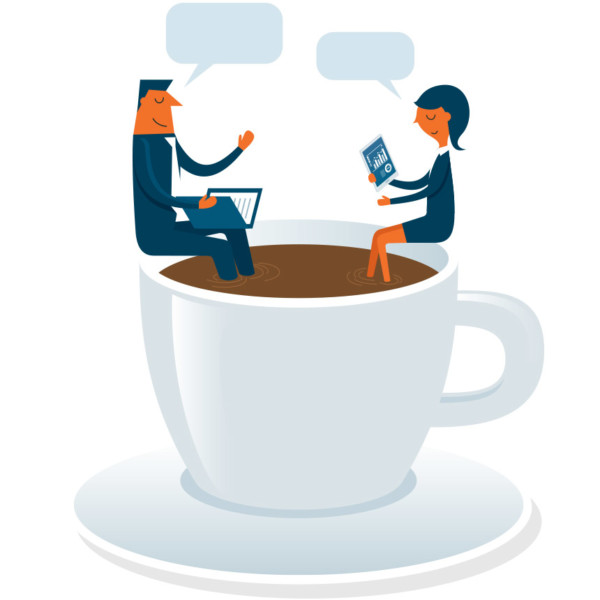 Image of two people conversing while sitting in an oversized cup of coffee.