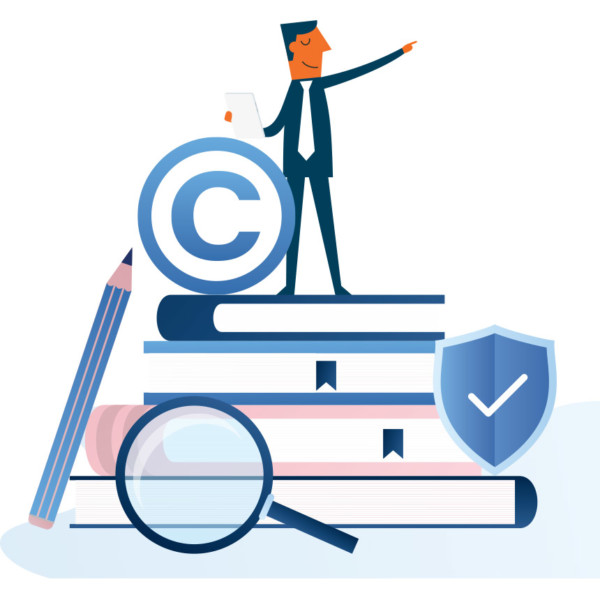 Animated image of someone on top of a pile of books, holding a copyright symbol