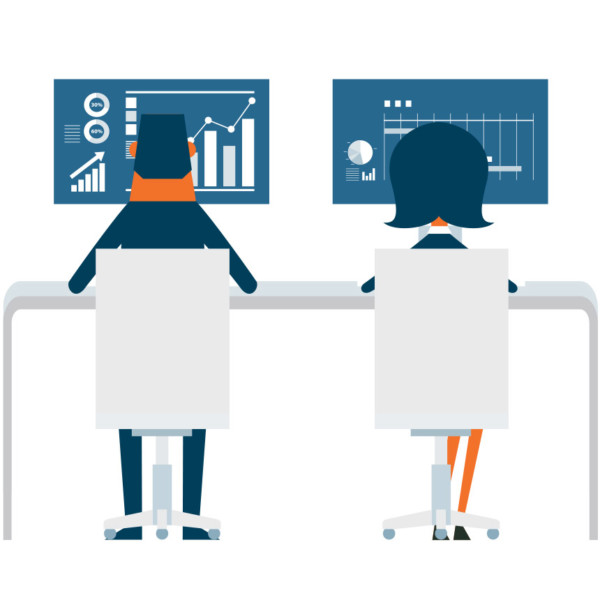 Animated image of a two people working on desktop computers