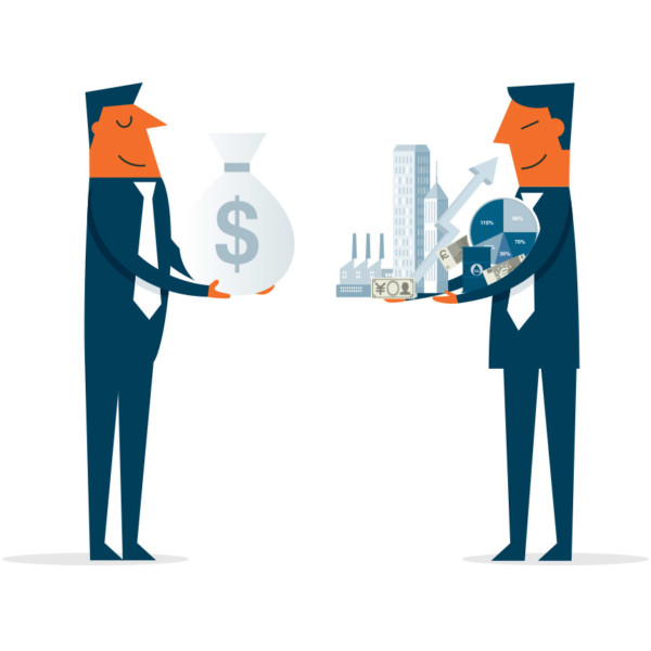 Image of two people exchange money and assets.