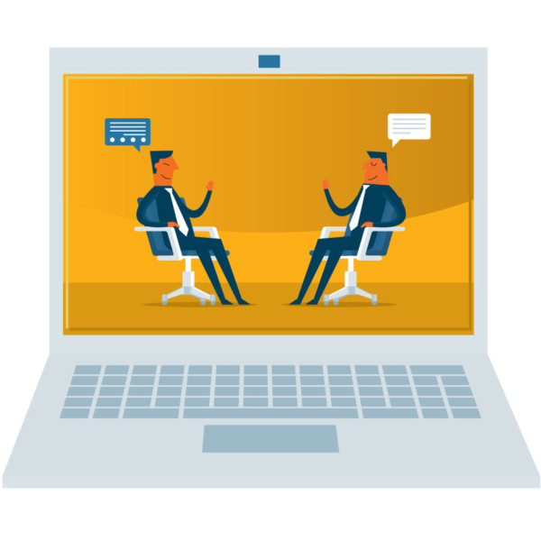 Image of two people sitting down having a conversation, being shown on a laptop.