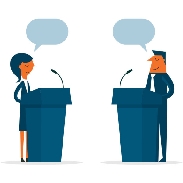 image of two people speaking from podiums.