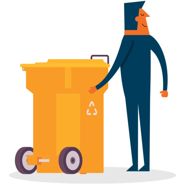 Image of someone standing next to a recycling bin.