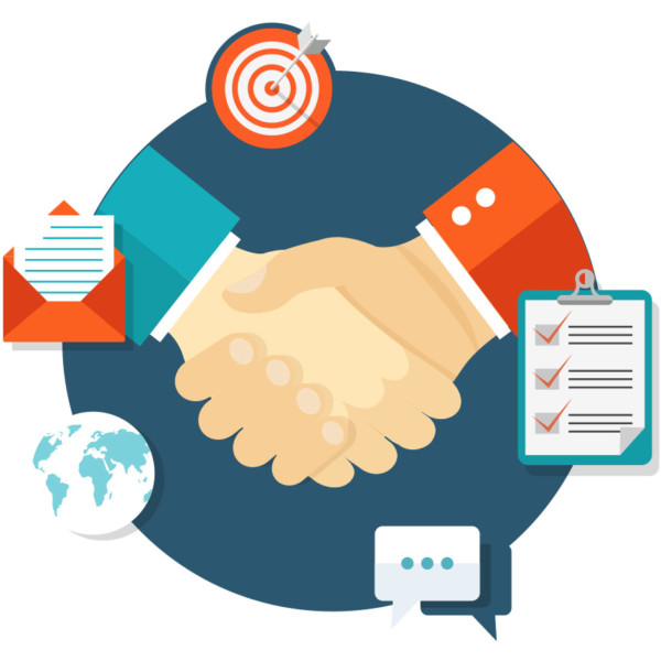 Animated image of shaking hands with various thumbnail image floating around