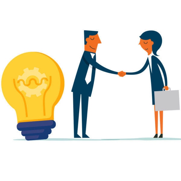 Animated people shaking hands next to a large light bulb