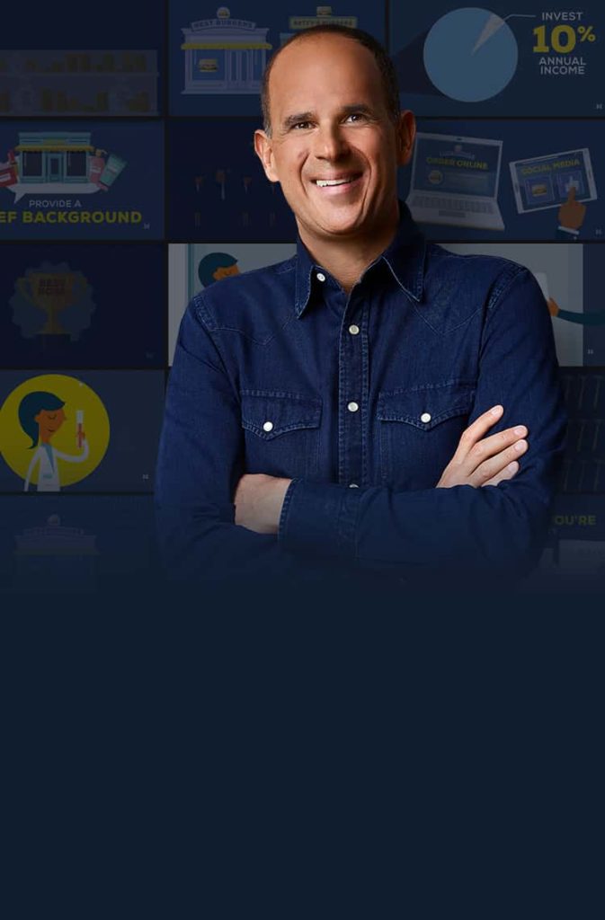 Image of Marcus Lemonis on a blue background with various images in the background.