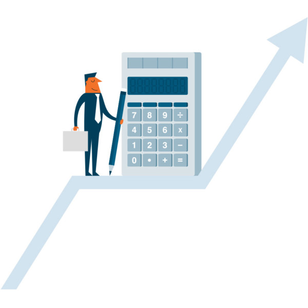 Image of someone standing on a rising arrow with a giant calculator and pencil.