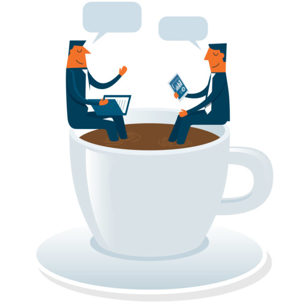 Image of two people talking while sitting in a large cup of coffee.
