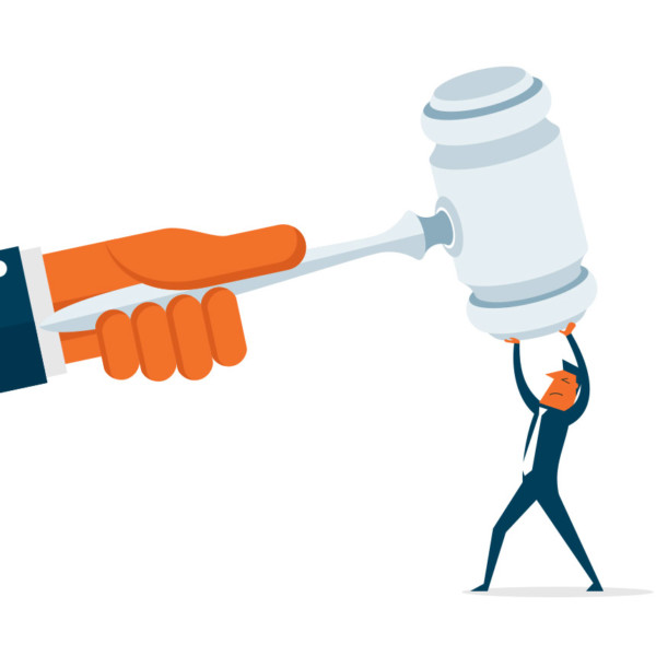 Image of a large hand with a gavel while a smaller person holds up one end.