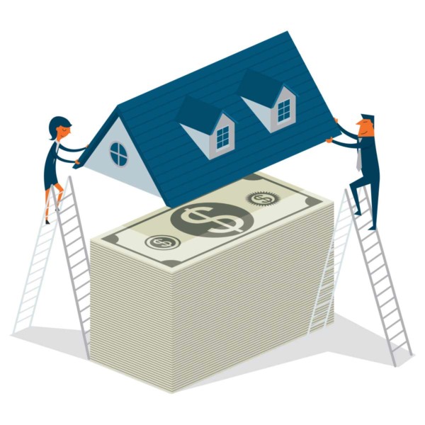 Image of two people placing a roof over a stack of cash