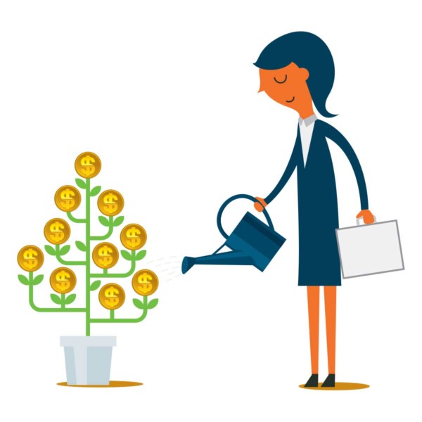 Image of someone watering a plant with dollar sign coins on it.