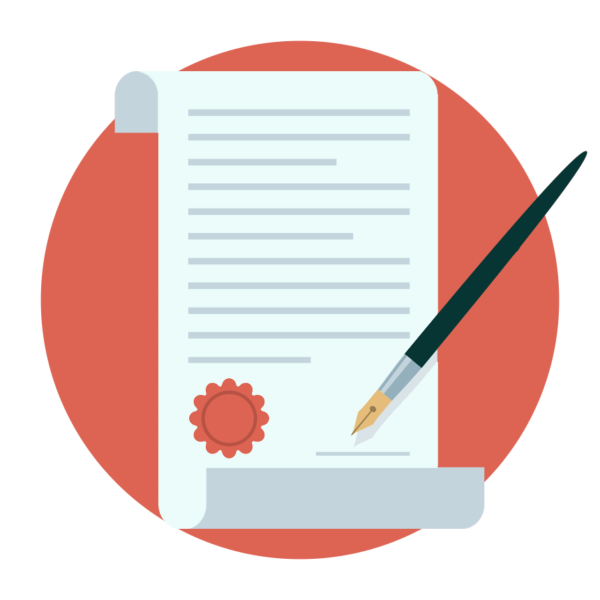 paper contract and quill on red background
