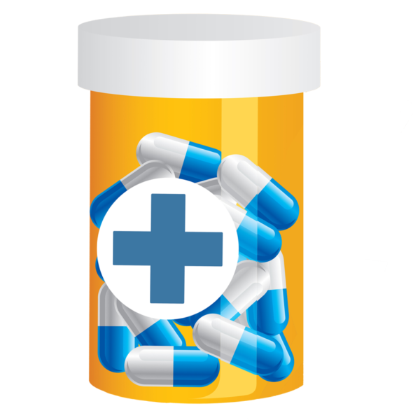 pill bottle with many blue pills