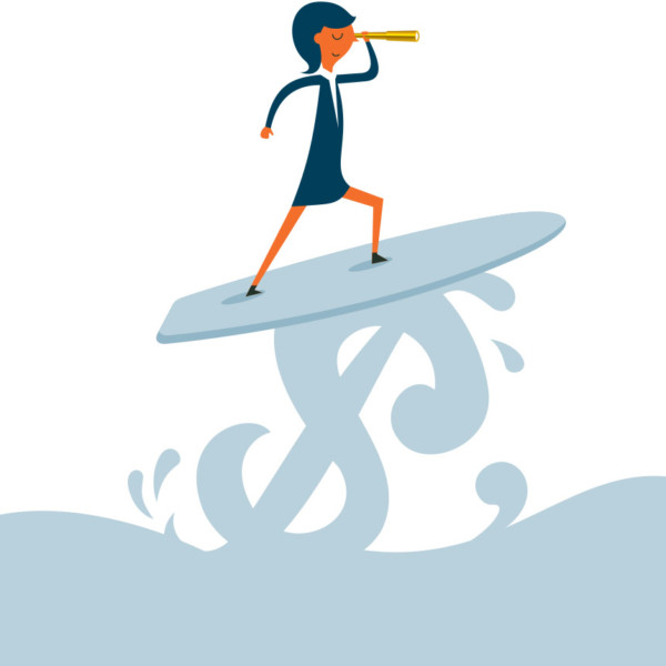Woman surfing on wave of money