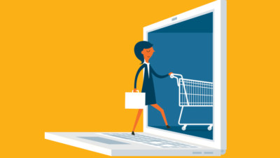 Image of someone walking into a laptop with a shopping cart and briefcase.