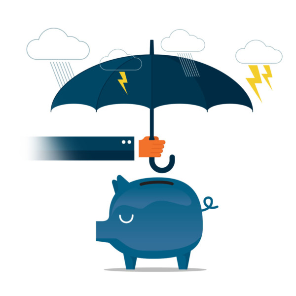 Holding umbrella over a piggy bank to save the money for a rainy day