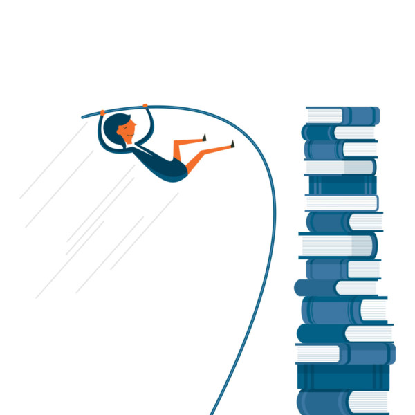 Woman catapulting over a stack of books that are an obstacle for her