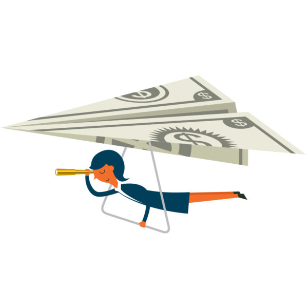 Image of woman flying on paper plane.