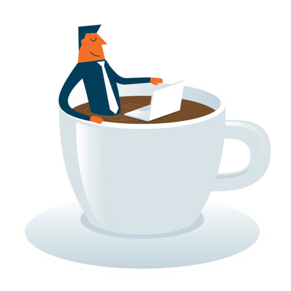 graphic of man relaxing in coffee with computer