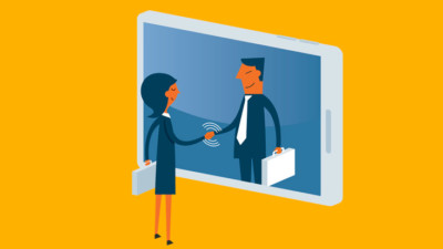 two people shaking hands through a phone representing positive user experience online