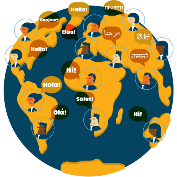 Image of a globe with different faces across it saying “hello” in different languages