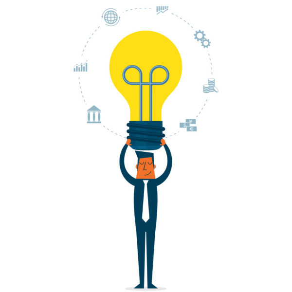 Man holding lightbulb surrounded by ideas