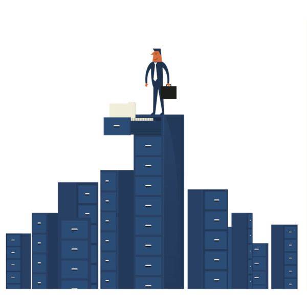 Man standing on top of tall filing cabinets with customer research ata inside