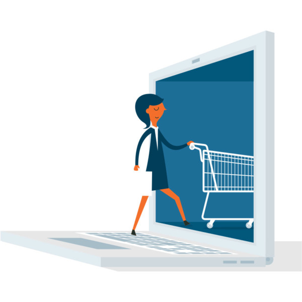women shopping with a shopping cart through a computer