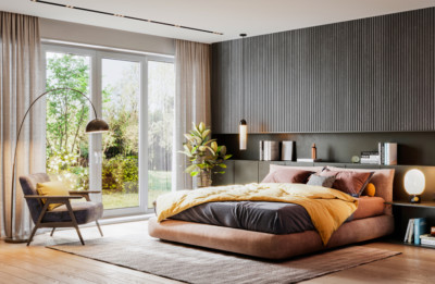 Image of modern masculine bedroom with sliding door to outside
