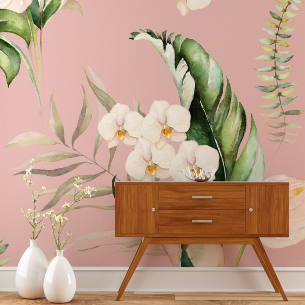 Image of retro wood foyer table with floral wallpaper in background