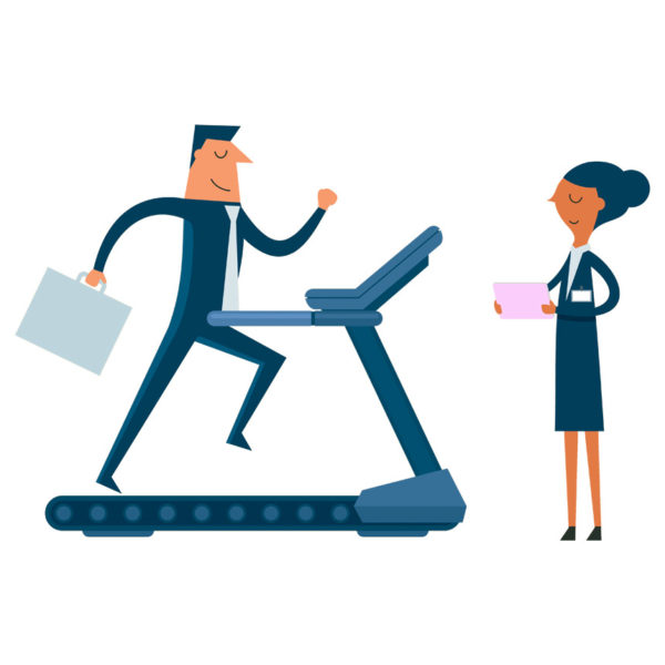 graphic of man on treadmill being trained for the new product launch and the strategy