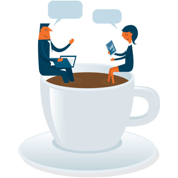 image of male and female coworkers sitting inside a coffee cup